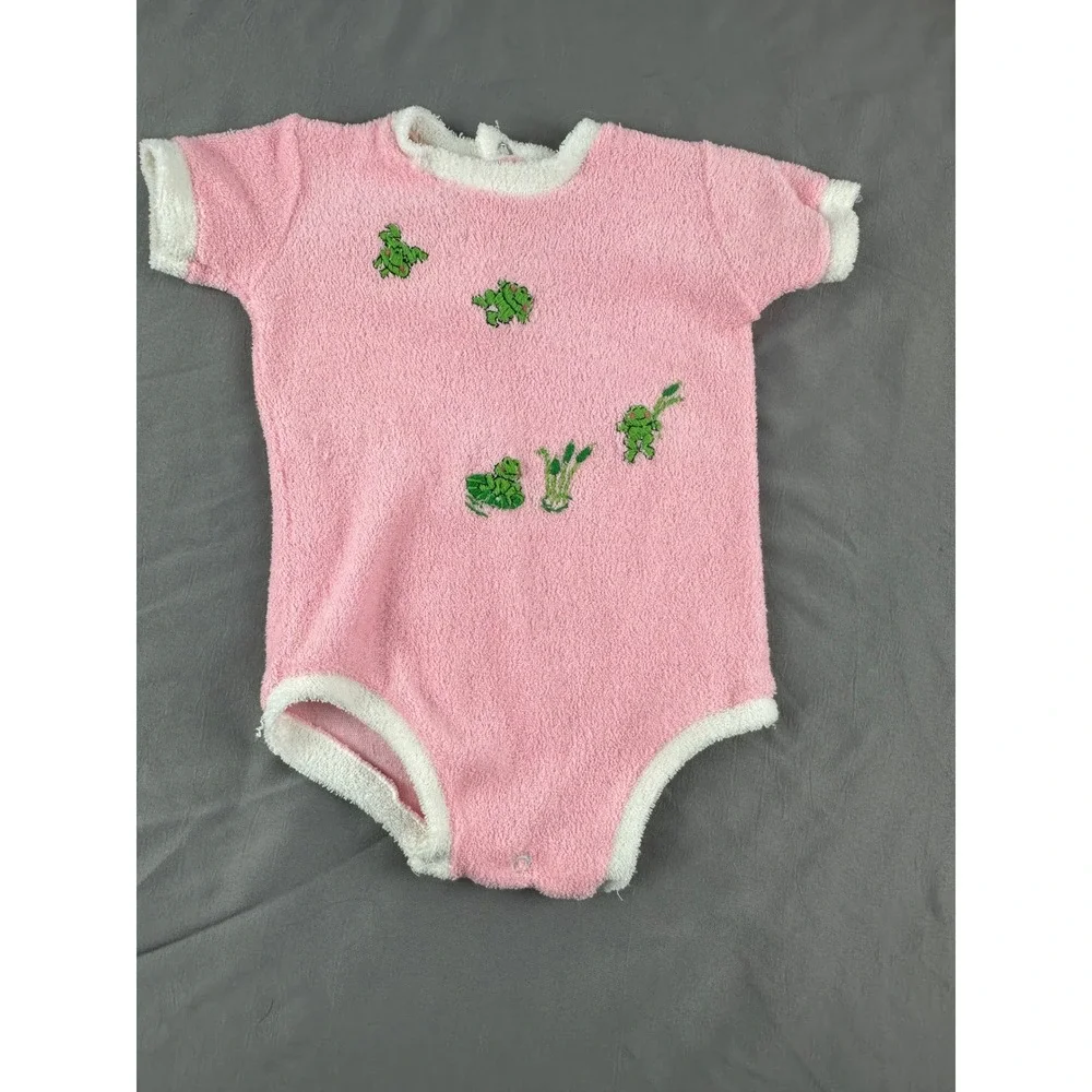 Vintage Baby Terry Romper Frog Embroidery‎ Pink 3–6 Months Retro